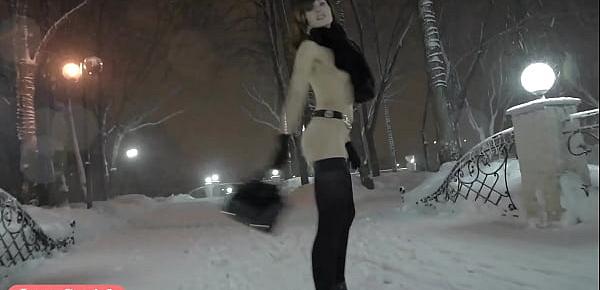  Jeny Smith naked in snow fall walking through the city